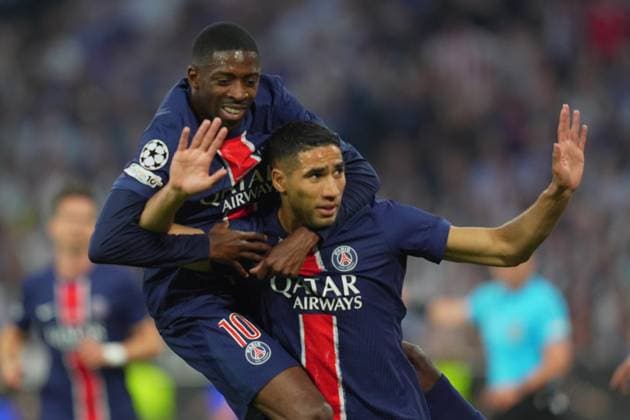 PSG™s Achraf Hakimi celebrates after scoring 1-0 during the Uefa Champions League Final soccer match between Paris Saint Germain and FC Inter at Allianz Arena in Munich , Germany - Saturday May 31, 2025 . - Soccer  Copyright: xSpada LaPressex