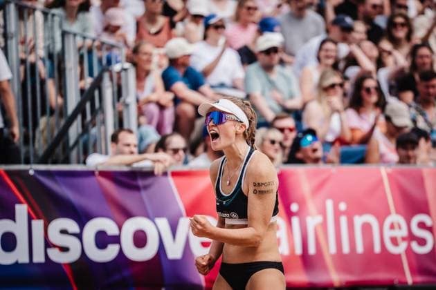 Beachvolleyball Männer Allianz German Beach Tour 2025 Tourstop Hamburg 31.05.2025 Lea Kunst jubelt Hamburg Active City Arena Heiligengeistf Hamburg Deutschland