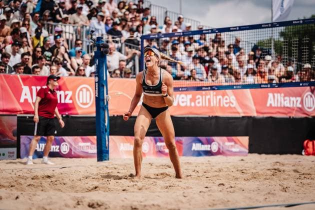Beachvolleyball Männer Allianz German Beach Tour 2025 Tourstop Hamburg 31.05.2025 Melanie Paul jubelt Hamburg Active City Arena Heiligengeistf Hamburg Deutschland