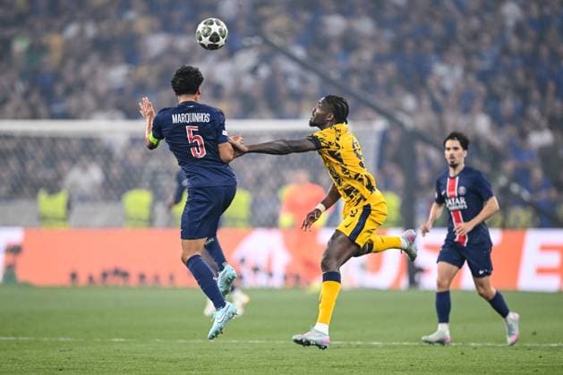Marquinhos (Paris Saint-Germain) und Marcus Thuram (FC Internazionale Milano) battle for the ball during the UEFA Champions League Final 2025 between Paris Saint-Germain and FC Internazionale Milano at Munich Football Arena on May 31, 2025 in Munich, Germany. (Photo by Harry Langer DeFodi Images)
