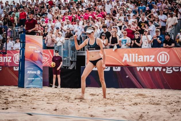 Beachvolleyball Männer Allianz German Beach Tour 2025 Tourstop Hamburg 31.05.2025 Sarah Schulz jubelt Hamburg Active City Arena Heiligengeistf Hamburg Deutschland