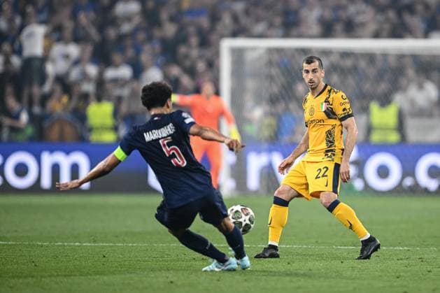 Marquinhos (Paris Saint-Germain) und Henrikh Mkhitaryan (FC Internazionale Milano) battle for the ball during the UEFA Champions League Final 2025 between Paris Saint-Germain and FC Internazionale Milano at Munich Football Arena on May 31, 2025 in Munich, Germany. (Photo by Harry Langer DeFodi Images)