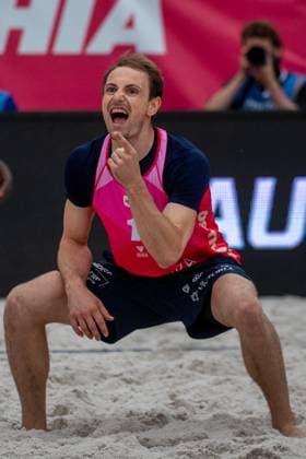Pro Tour Beach volleyball, Beachvolleyball tournament, category Elite, took place in Ostrava, Czech Republic, on May 31, 2025. Ondrej Perusic (pictured), David Schweiner of Czech Republic vs. Cherif Younousse, Ahmed Tijan of Quatar. (CTKxPhoto VladimirxPrycek) CTKPhotoP2025053104593  CTKPhotoP2025053104593
