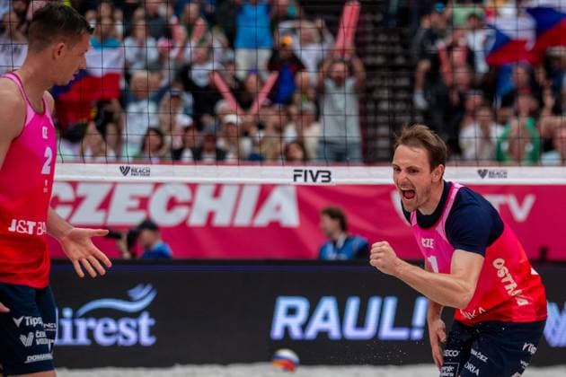 Pro Tour Beach volleyball, Beachvolleyball tournament, category Elite, took place in Ostrava, Czech Republic, on May 31, 2025. Ondrej Perusic (pictured), David Schweiner of Czech Republic vs. Cherif Younousse, Ahmed Tijan of Quatar. (CTKxPhoto VladimirxPrycek) CTKPhotoP2025053104605  CTKPhotoP2025053104605