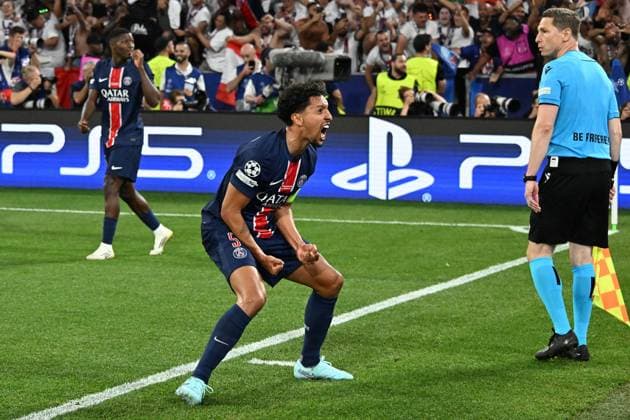 31.05.2025, xsltx, Fussball UEFA Champions League Finale 2025, Paris St.Germain - Inter Mailand v.l. Torjubel nach dem Tor zum celebrating the goal celebrate 3:0 bei Marquinhos (Paris St. Germain) (DFL DFB REGULATIONS PROHIBIT ANY USE OF PHOTOGRAPHS as IMAGE SEQUENCES and or QUASI-VIDEO) Muenchen