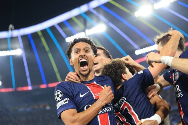 Sport Themen der Woche KW22 31st May 2025; Allianz Arena, Munich, Germany; Champions League Final Football, Paris Saint Germain versus Inter Milan; Marquinhos (C) PSG reacts with team mates after their 2nd goal from Doue in the 20th minute  ActionPlus12796841 PierrexTeyssot