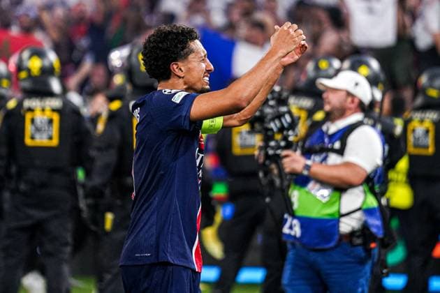 2025-05-31 Paris Saint-Germain v FC Internazionale Milano - UEFA Champions League Final 2025 MUNICH, GERMANY - MAY 31: Marquinhos of Paris Saint-Germain celebrates winning the UEFA Champions League during the UEFA Champions League Final 2025 match between Paris Saint-Germain and FC Internazionale Milano at Munich Football Arena on May 31, 2025 in Munich, Germany. Munich Munich Football Arena Germany Content not available for redistribution in The Netherlands directly or indirectly through any third parties. Copyright: xJorisxVerwijstx