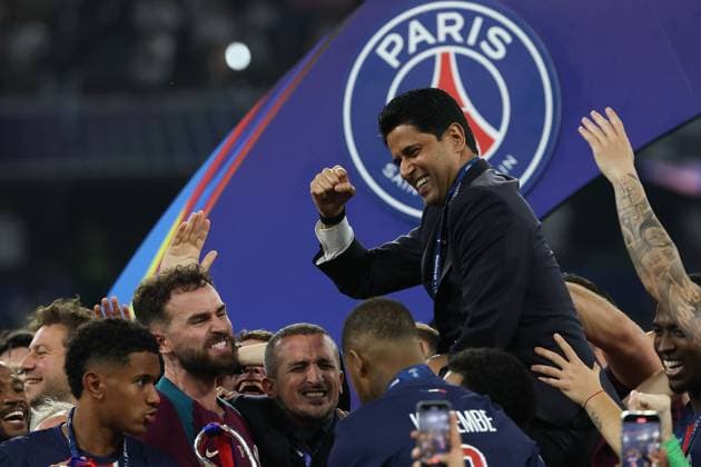 Deutschland, Muenchen 31.05.2025 xJFx Uefa Champions League Finale 2025 Paris Saint Germain - FC Internazionale Milano v.l., PSG-Präsident Nasser Al-Khelaifi jubeln jubelt nach Spielende. Copyright: JoaquimxFerreira