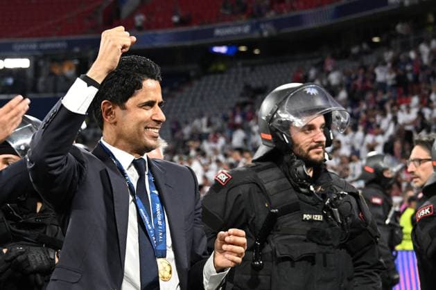 31.05.2025, xsltx, Fussball UEFA Champions League Finale 2025, Paris St.Germain - Inter Mailand v.l. Jubel, Freude über den Gewinn der Champions League Vorstandsvorsitzender Nasser Al-Khelaifi (Paris St. Germain) (DFL DFB REGULATIONS PROHIBIT ANY USE OF PHOTOGRAPHS as IMAGE SEQUENCES and or QUASI-VIDEO) Muenchen
