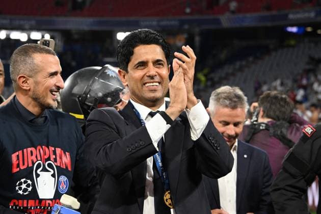 31.05.2025, xsltx, Fussball UEFA Champions League Finale 2025, Paris St.Germain - Inter Mailand v.l. Jubel, Freude über den Gewinn der Champions League Vorstandsvorsitzender Nasser Al-Khelaifi (Paris St. Germain) (DFL DFB REGULATIONS PROHIBIT ANY USE OF PHOTOGRAPHS as IMAGE SEQUENCES and or QUASI-VIDEO) Muenchen