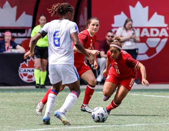 May 31, 2025, Winnipeg, Mb, CANADA: Canada s Desiree Scott (11) and Jessie Fleming (17) defend against Haiti s Melchie Dumornay (6) during first half soccer action in Winnipeg, Saturday, May 31, 2025. Haiti Canada Womens Soccer  - ZUMAc35_ 20250531_zaf_c35_090 Copyright: xJohnxWoodsx