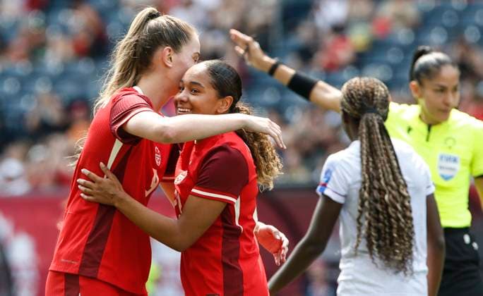 May 31, 2025, Winnipeg, Mb, CANADA: Canada s Jordyn Huitema (9) and Olivia Smith (23) celebrate Smith s goal against Haiti during second half soccer action in Winnipeg, Saturday, May 31, 2025. Haiti Canada Womens Soccer  - ZUMAc35_ 20250531_zaf_c35_100 Copyright: xJohnxWoodsx
