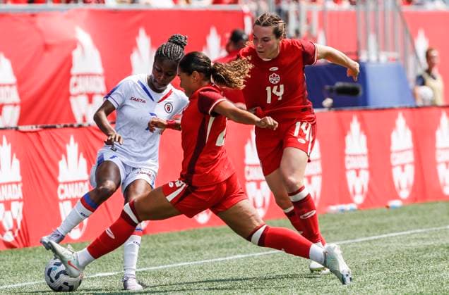 May 31, 2025, Winnipeg, Mb, CANADA: Canada s Olivia Smith (23) and Vanessa Gilles (14) defend against Haiti s Batcheba Louis (7) during second half soccer action in Winnipeg, Saturday, May 31, 2025. Haiti Canada Womens Soccer  - ZUMAc35_ 20250531_zaf_c35_102 Copyright: xJohnxWoodsx