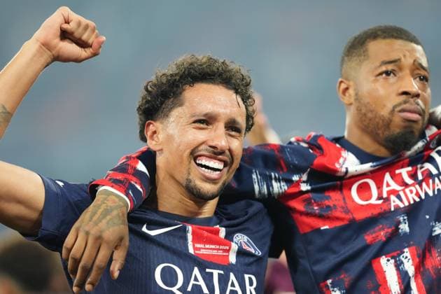 2025 UEFA Champions League Final: Paris Saint-Germain F.C. vs. FC Internazionale Milano Marquinhos of Paris Saint-Germain F.C. and Presnel Kimpembe of Paris Saint-Germain F.C. celebrate winning the Champions League for the first time after the 2025 UEFA Champions League Final: Paris Saint-Germain F.C. vs. FC Internazionale Milano on 31 May 2025, at Munich Football Arena, in Munich, Germany Munich Munich Football Arena Germany Copyright: xAlexandraxFechetex DSC0383201
