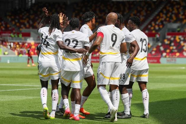 Jordan Ayew of Ghana celebrates with his teammates as he scores to make it 1-0 Ghana v Trinidad and Tobago, Football, The Unity Cup, Gtech Community Stadium, London, UK, 31 05 25 EDITORIAL USE ONLY No use with unauthorised audio, video, data, fixture lists (outside the EU), club league logos or live services. Online in-match use limited to 45 images (+15 in extra time). No use to emulate moving images. No use in betting, games or  Copyright: xAnthonyxHanc Shutterstockx 15333741cn