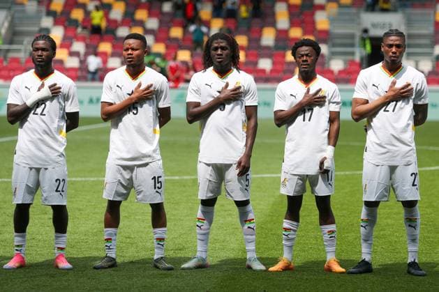 Players of the Ghana national team, Nationalteam sing their national anthem Ghana v Trinidad and Tobago, Football, The Unity Cup, Gtech Community Stadium, London, UK, 31 05 25 EDITORIAL USE ONLY No use with unauthorised audio, video, data, fixture lists (outside the EU), club league logos or live services. Online in-match use limited to 45 images (+15 in extra time). No use to emulate moving images. No use in betting, games or  Copyright: xAnthonyxHanc Shutterstockx 15333741cd