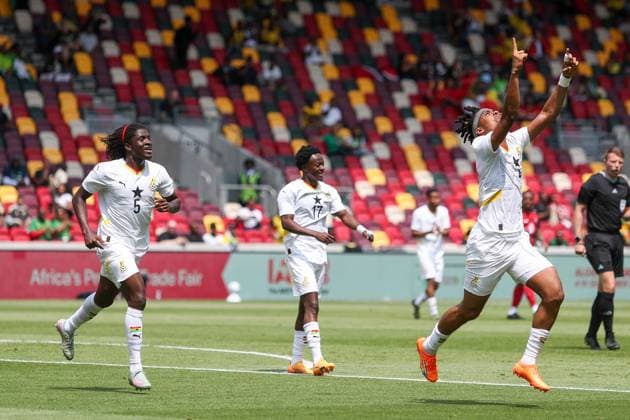 Razak Simpson of Ghana celebrates as he make it 2-0 for Ghana Ghana v Trinidad and Tobago, Football, The Unity Cup, Gtech Community Stadium, London, UK, 31 05 25 EDITORIAL USE ONLY No use with unauthorised audio, video, data, fixture lists (outside the EU), club league logos or live services. Online in-match use limited to 45 images (+15 in extra time). No use to emulate moving images. No use in betting, games or  Copyright: xAnthonyxHanc Shutterstockx 15333741cq