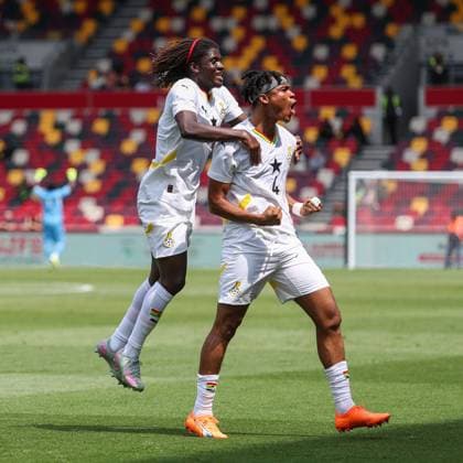 Razak Simpson of Ghana celebrates as he make it 2-0 for Ghana Ghana v Trinidad and Tobago, Football, The Unity Cup, Gtech Community Stadium, London, UK, 31 05 25 EDITORIAL USE ONLY No use with unauthorised audio, video, data, fixture lists (outside the EU), club league logos or live services. Online in-match use limited to 45 images (+15 in extra time). No use to emulate moving images. No use in betting, games or  Copyright: xAnthonyxHanc Shutterstockx 15333741ct