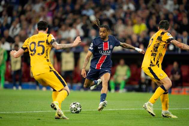 UEFA Champions League Final: Inter vs Paris Saint-Germain Paris Saint-Germain s Bradley Barcola takes a shot under pressure from Inter Milan defenders Alessandro Bastoni and Benjamin Pavard during the UEFA Champions League Final 2025 at Allianz Arena in Munich on May 31, 2025. Copyright: xTaiseixIwamotox