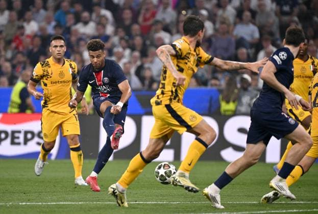 MUNICH, GERMANY - MAY 31: Desire Doue of Paris Saint-Germain kicks on goal ,during the UEFA Champions League Final 2025 between Paris Saint-Germain and FC Internazionale Milano at Allianz Arena on May 31, 2025 in Munich, Germany. SPO 