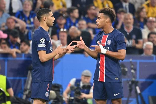 Torjubel v.li:Achraf Hakimi (PSG), Desire Doue (PSG) nach Tor zum 1-0, Jubel,Freude,Begeisterung,Aktion. Fussball UEFA Champions League Finale Paris Saint-Germain (PSG) - Inter Mailand 5-0, am 31.05.2025 Munich Football Arena,