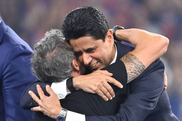 Nasser EL KHELAIFI (Praesident PSG), Trainer Luis ENRIQUE (PSG), Siegerehrung, Fussball UEFA Champions League Finale Paris Saint-Germain (PSG) - Inter Mailand 5-0, am 31.05.2025 Munich Football Arena,