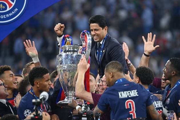 Nasser EL KHELAIFI (Praesident PSG), mit Pokal,Cup,Trophaee, Teamfoto,Team,Mannschaft,Mannschaftsfoto, Siegerehrung, Fussball UEFA Champions League Finale Paris Saint-Germain (PSG) - Inter Mailand 5-0, am 31.05.2025 Munich Football Arena,