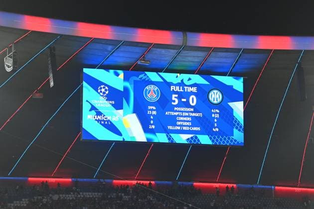 Videowand mit Endegebnis,Resultat. Fussball UEFA Champions League Finale Paris Saint-Germain (PSG) - Inter Mailand 5-0, am 31.05.2025 Munich Football Arena,
