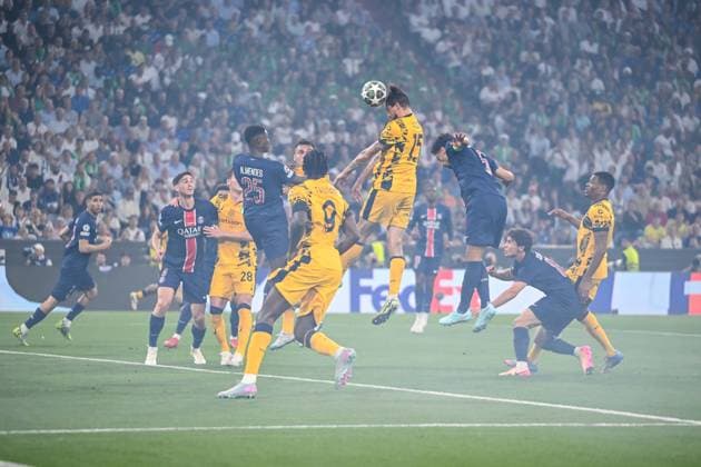 Nuno Mendes (Paris Saint-Germain), Marcus Thuram (FC Internazionale Milano), Lautaro Martinez (FC Internazionale Milano) und Marquinhos (Paris Saint-Germain) battle for the ball during the UEFA Champions League Final 2025 between Paris Saint-Germain and FC Internazionale Milano at Munich Football Arena on May 31, 2025 in Munich, Germany. (Photo by Harry Langer DeFodi Images)