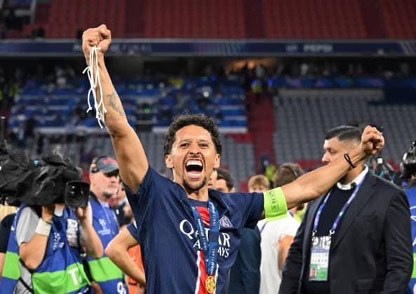 31.05.2025, xsltx, Fussball UEFA Champions League Finale 2025, Paris St.Germain - Inter Mailand v.l. Marquinhos (Paris Saint-Germain) in grenzenloser Freude (DFL DFB REGULATIONS PROHIBIT ANY USE OF PHOTOGRAPHS as IMAGE SEQUENCES and or QUASI-VIDEO)