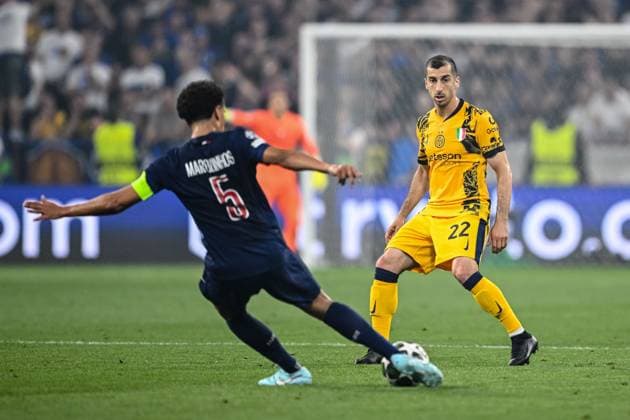 Marquinhos (Paris Saint-Germain) und Henrikh Mkhitaryan (FC Internazionale Milano) battle for the ball during the UEFA Champions League Final 2025 between Paris Saint-Germain and FC Internazionale Milano at Munich Football Arena on May 31, 2025 in Munich, Germany. (Photo by Harry Langer DeFodi Images)