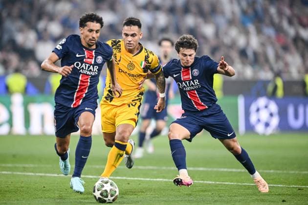 Marquinhos (Paris Saint-Germain), Lautaro Martinez (FC Internazionale Milano) und Joao Neves (Paris Saint-Germain) battle for the ball during the UEFA Champions League Final 2025 between Paris Saint-Germain and FC Internazionale Milano at Munich Football Arena on May 31, 2025 in Munich, Germany. (Photo by Harry Langer DeFodi Images)