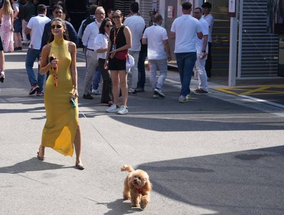 01.06.2025, Circuit de Catalunya, Barcelona, Formel 1 Aramco Grand Prix von Spanien 2025 , im Bild Kika Cerqueira Gomes, Freundin von Pierre Gasly (FRA), BWT Alpine F1 Team mit Hund namens Simba. (Photo by Hasan Bratic DeFodi Images)
