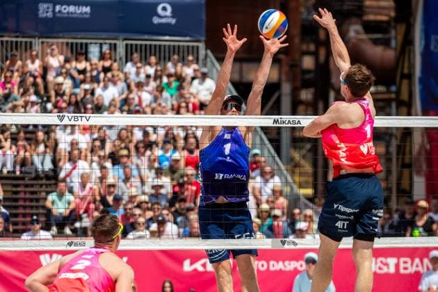 Pro Tour Beach volleyball, Beachvolleyball tournament, category Elite, took place in Ostrava, Czech Republic, on June 1, 2025. Anders Berntsen Mol (centre), Christian Sandlie Sorum of Norway vs. Ondrej Perusic (right) , David Schweiner (left) of Czech Republic. (CTKxPhoto VladimirxPrycek) CTKPhotoP2025060102464  CTKPhotoP2025060102464