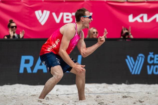 Pro Tour Beach volleyball, Beachvolleyball tournament, category Elite, took place in Ostrava, Czech Republic, on June 1, 2025. Anders Berntsen Mol, Christian Sandlie Sorum of Norway vs. Ondrej Perusic (pictured), David Schweiner of Czech Republic. (CTKxPhoto VladimirxPrycek) CTKPhotoP2025060102474  CTKPhotoP2025060102474