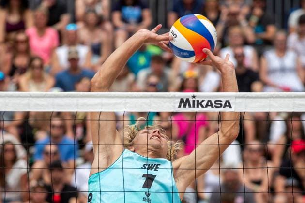 Pro Tour Beach volleyball, Beachvolleyball tournament, category Elite, took place in Ostrava, Czech Republic, on June 1, 2025. David Ahman (pictured), Jonatan Hellvig of Sweden vs. Bartosz Losiak, Michal Bryl of Poland. (CTKxPhoto VladimirxPrycek) CTKPhotoP2025060102760  CTKPhotoP2025060102760