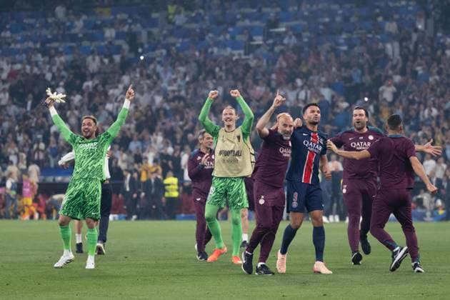 Nach Spielende Schlussjubel, freude bei Arnau Tenas (Paris Saint-Germain, 80), Matvey Safonov (Paris Saint-Germain, 39), Goncalo Ramos (Paris Saint-Germain, 09) GER, Paris Saint-Germain vs. Inter Mailand, Fussball, Herren, UEFA Champions League Finale Muenchen 2025, Spielzeit 2024 2025, 31.05.2025, GER, Paris Saint-Germain vs. Inter Mailand, Fussball, Herren, UEFA Champions League Finale Muenchen 2025, Spielzeit 2024 2025, 31.05.2025 Muenchen Copyright: xEibner-Pressefoto WolfgangxFrankx EP_WFK