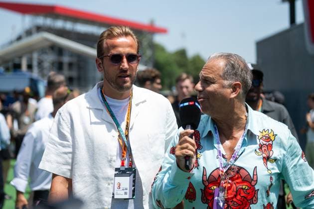 Harry Kane (England, Fussball Nationalmannschaft) im Interview mit Kai Ebel (RTL TV Reporter), ESP, Formel 1 Weltmeisterschaft, Aramco Grand Prix von Spanien, Circuit de Barcelona Catalunya, Rennen, Saison 2025, 01.06.2025 ESP, Formel 1 Weltmeisterschaft, Aramco Grand Prix von Spanien, Circuit de Barcelona Catalunya, Rennen, Saison 2025, 01.06.2025 Barcelona Copyright: xEibner-Pressefoto Memmlerx EP_MMR