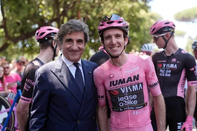 Urbano Cairo with Yates Simon Philip of Team Visma Lease A Bike pink jersey during the stage 21 of the Giro d™Italia from Roma to Roma, Italy - Sunday, June 01, 2025. - cycling.  Copyright: xMassimoxPaolone LaPressex