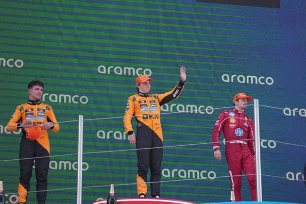 Formel 1 Aramco Grand Prix von Spanien 2025 01.06.2025, Circuit de Catalunya, Barcelona, Formel 1 Aramco Grand Prix von Spanien 2025 , im Bild Podium:, Sieger Oscar Piastri (AUS), McLaren F1 Team, 2.Platz für Lando Norris (GBR), 3.Platz für Charles Leclerc (MCO), Scuderia Ferrari HP