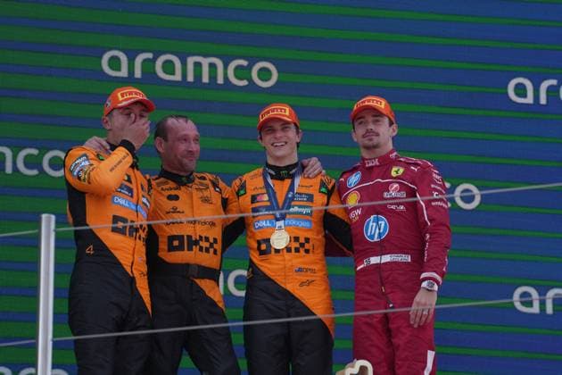 01.06.2025, Circuit de Catalunya, Barcelona, Formel 1 Aramco Grand Prix von Spanien 2025 , im Bild Podium:, Sieger Oscar Piastri (AUS), McLaren F1 Team, 2.Platz für Lando Norris (GBR), 3.Platz für Charles Leclerc (MCO), Scuderia Ferrari HP (Photo by Hasan Bratic DeFodi Images)