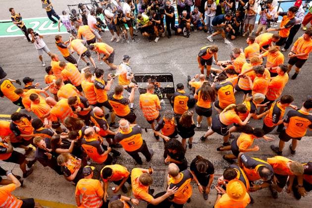 Team celebrates victory of 81 Oscar Piastri (AUS, McLaren F1 Team) and P2 of 4 Lando Norris (GBR, McLaren F1 Team), F1 Grand Prix of Spain at Circuit de Barcelona-Catalunya on June 1, 2025 in Barcelona, Spain. (Photo by HOCH ZWEI) Barcelona Spain