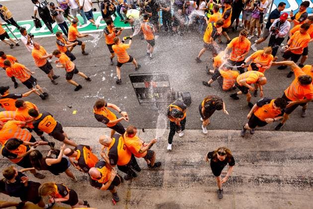 Team celebrates victory of 81 Oscar Piastri (AUS, McLaren F1 Team) and P2 of 4 Lando Norris (GBR, McLaren F1 Team), F1 Grand Prix of Spain at Circuit de Barcelona-Catalunya on June 1, 2025 in Barcelona, Spain. (Photo by HOCH ZWEI) Barcelona Spain