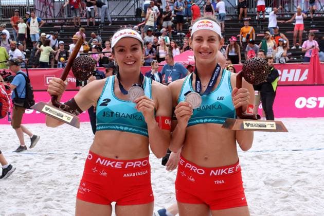 Beach Pro Tour Ostrava, 01.06.2025 Beach Pro Tour Ostrava, Beach-Volleyball, Elite16, Ostrava, 01.06.2025 Bild: Samoilova, Anastasija (LAT, 2), und Graudina, Tina (LAT, 1) Copyright: xBEAUTIFULxSPORTS NilsxKoepkex
