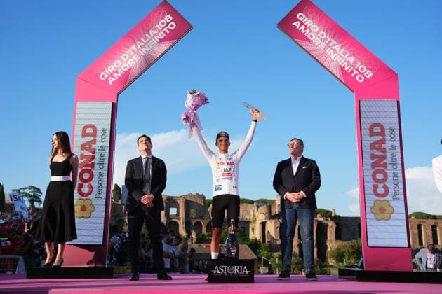 Isaac Romero Del Toro of Uae Team Emirates Xrg white jersey on the podium during the stage 21 of the Giro d™Italia from Roma to Roma, Italy - Sunday, June 01, 2025. - cycling.  Copyright: xGianxMattiaxD Alberto LaPressex
