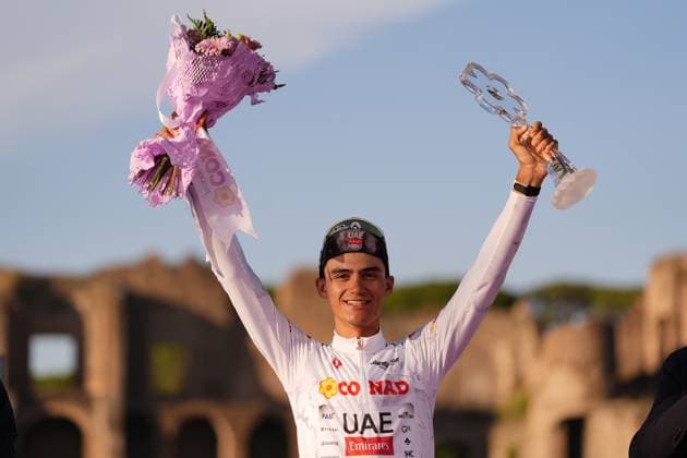 Isaac Romero Del Toro of Uae Team Emirates Xrg white jersey on the podium during the stage 21 of the Giro d™Italia from Roma to Roma, Italy - Sunday, June 01, 2025. - cycling.  Copyright: xFabioxFerrari LaPressex