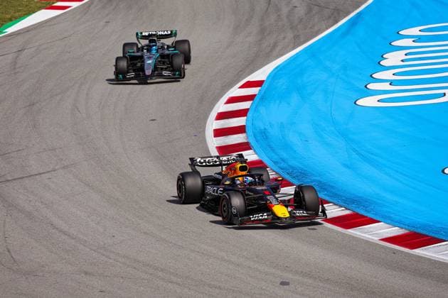 1 Max Verstappen (NLD, Oracle Red Bull Racing), 63 George Russell (GBR, Mercedes-AMG Petronas F1 Team), F1 Grand Prix of Spain at Circuit de Barcelona-Catalunya on June 1, 2025 in Barcelona, Spain. (Photo by HOCH ZWEI) Barcelona Spain