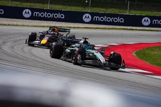 63 George Russell (GBR, Mercedes-AMG Petronas F1 Team), 1 Max Verstappen (NLD, Oracle Red Bull Racing), F1 Grand Prix of Spain at Circuit de Barcelona-Catalunya on June 1, 2025 in Barcelona, Spain. (Photo by HOCH ZWEI) Barcelona Spain