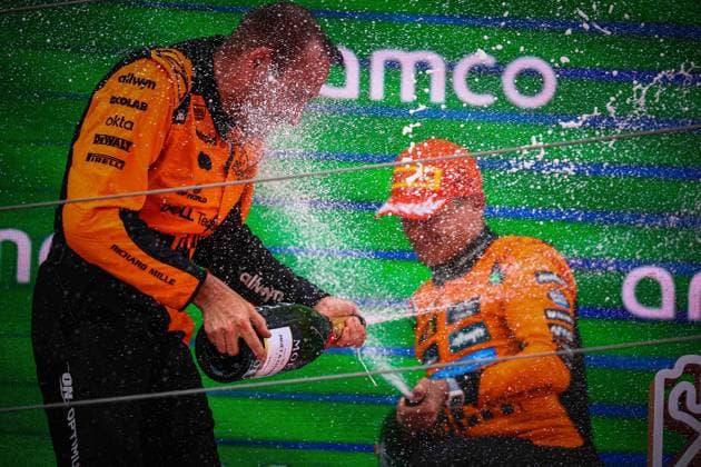MOTORI - Formula 1 - Aramco Gran Premio de Espana 2025 - Race Podium of the race with Oscar Piastri 81 Lando Norris 4 McLaren Mercedes and Charles Leclerc 16 Ferrari during the Spanish GP, Barcelona 29 May-1 June 2025, Montemelo Formula 1 World Championship, WM, Weltmeisterschaft 2025. Spain Spain  Copyright: xIPAxSport ABACAx