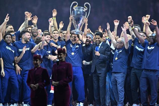 PSG celebrates Champions League title in Paris PARIS, FRANCE - JUNE 1: Marquinhos of PSG lifts the trophy as coaching staff, officials and players of PSG celebrate Champions League title held at Parc des Princes following the team s victory in UEFA Champions League final in Paris, France on June 1, 2025. Head coach of PSG Luis Enrique, captain Marquinhos and other players attended the celebration, lifted the trophy. Mustafa Yalcin Anadolu Paris France. Editorial use only. Please get in touch for any other usage.  Copyright: x2025xAnadoluxMustafaxYalcinx